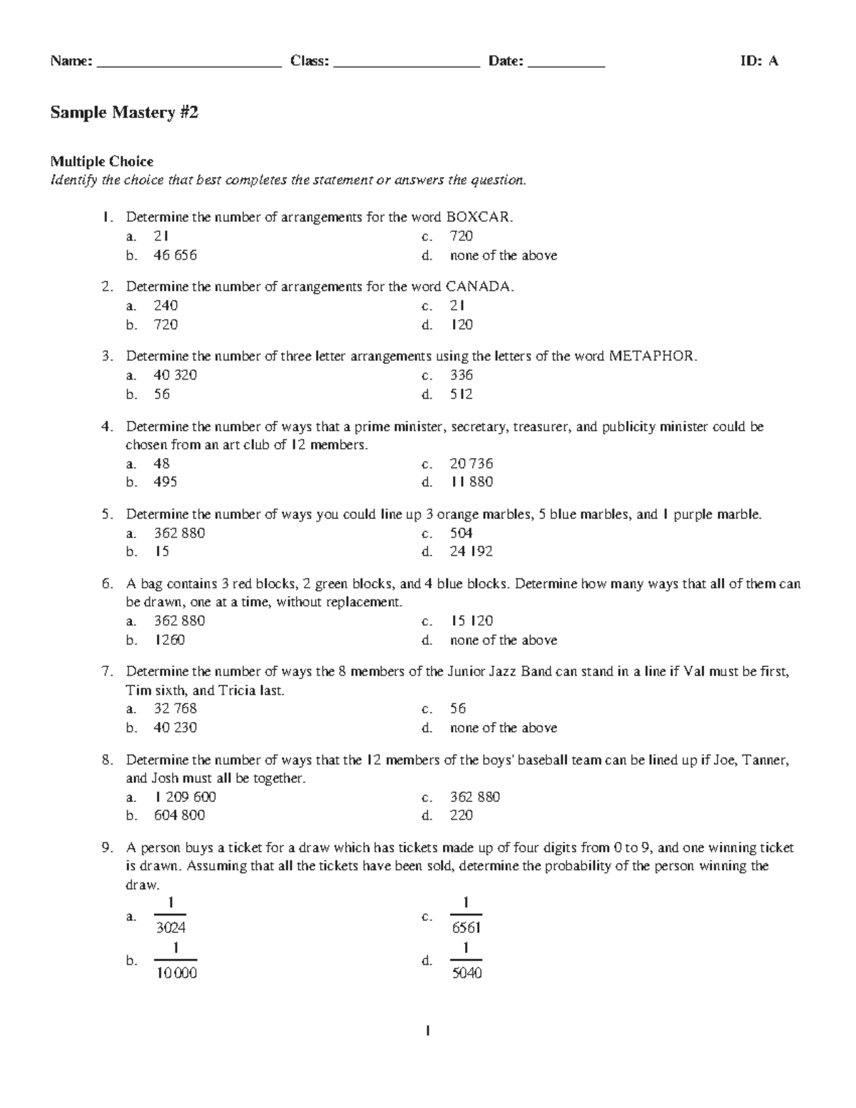 Mastery #4 Sample Questions - Name: ________________________ Class ...