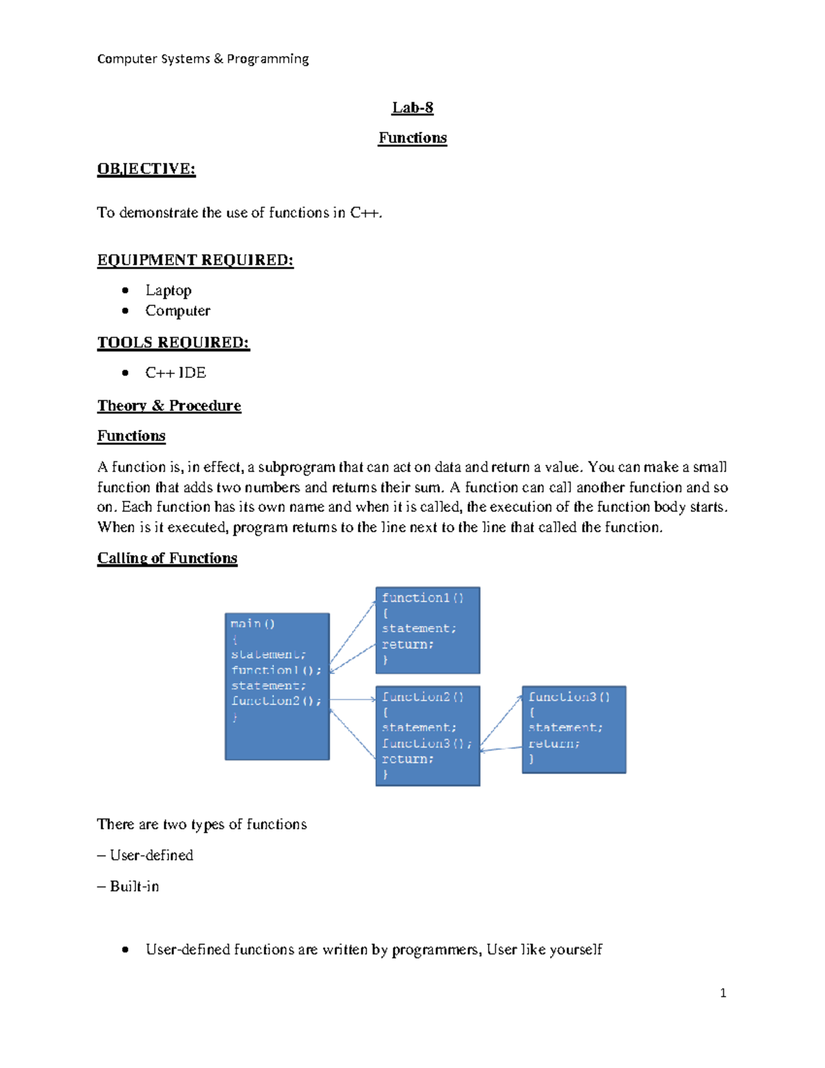 (Lab 08 C++) Lab Functions OBJECTIVE To demonstrate the use of