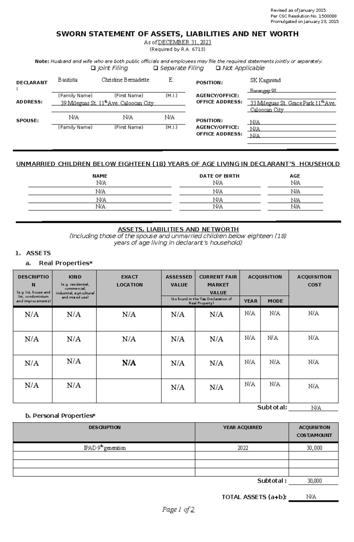 2015 SALN Form - Revised as of January 2015 Per CSC Resolution No ...