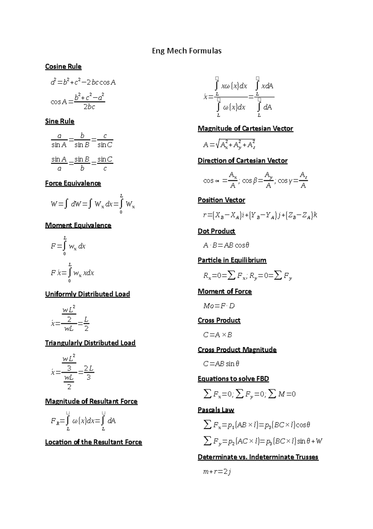 Eng Mech Study Notes - Eng Mech Formulas Cosine Rule a 2 =b 2 +c 2 − 2 ...