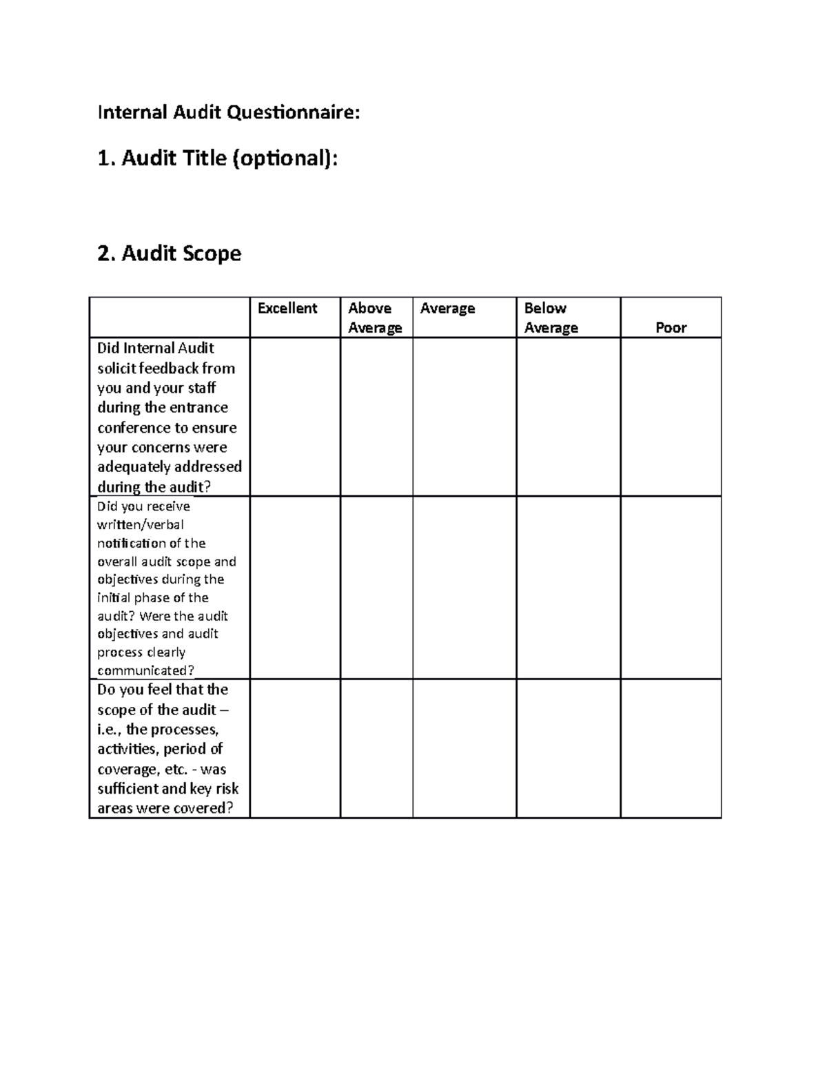 Internal Audit Questionnaire 1 - Audit Title (optional): 2. Audit Scope ...
