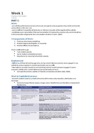EXAM Notes EMPL1101 - EMPLOYMENT RELATIONS EXAM NOTES TOPIC 1 - Summary ...