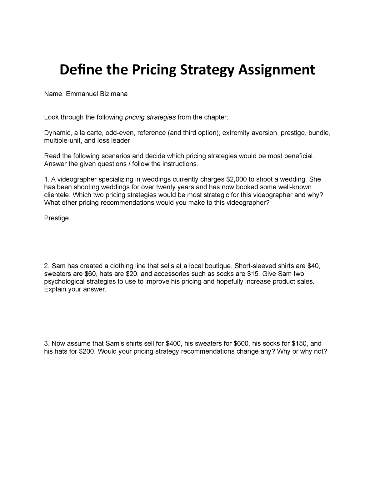 w07 assignment define the pricing strategy
