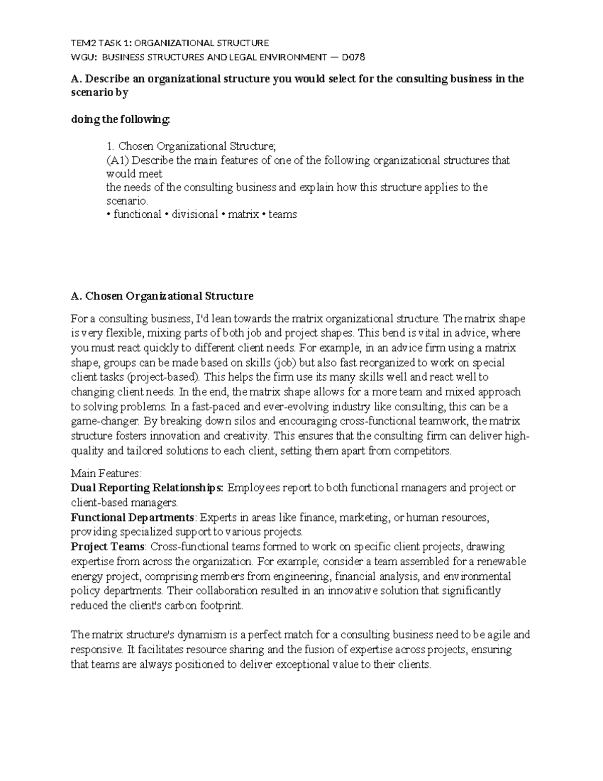 TEM2 TASK Organizational Structure - WGU: BUSINESS STRUCTURES AND LEGAL ...