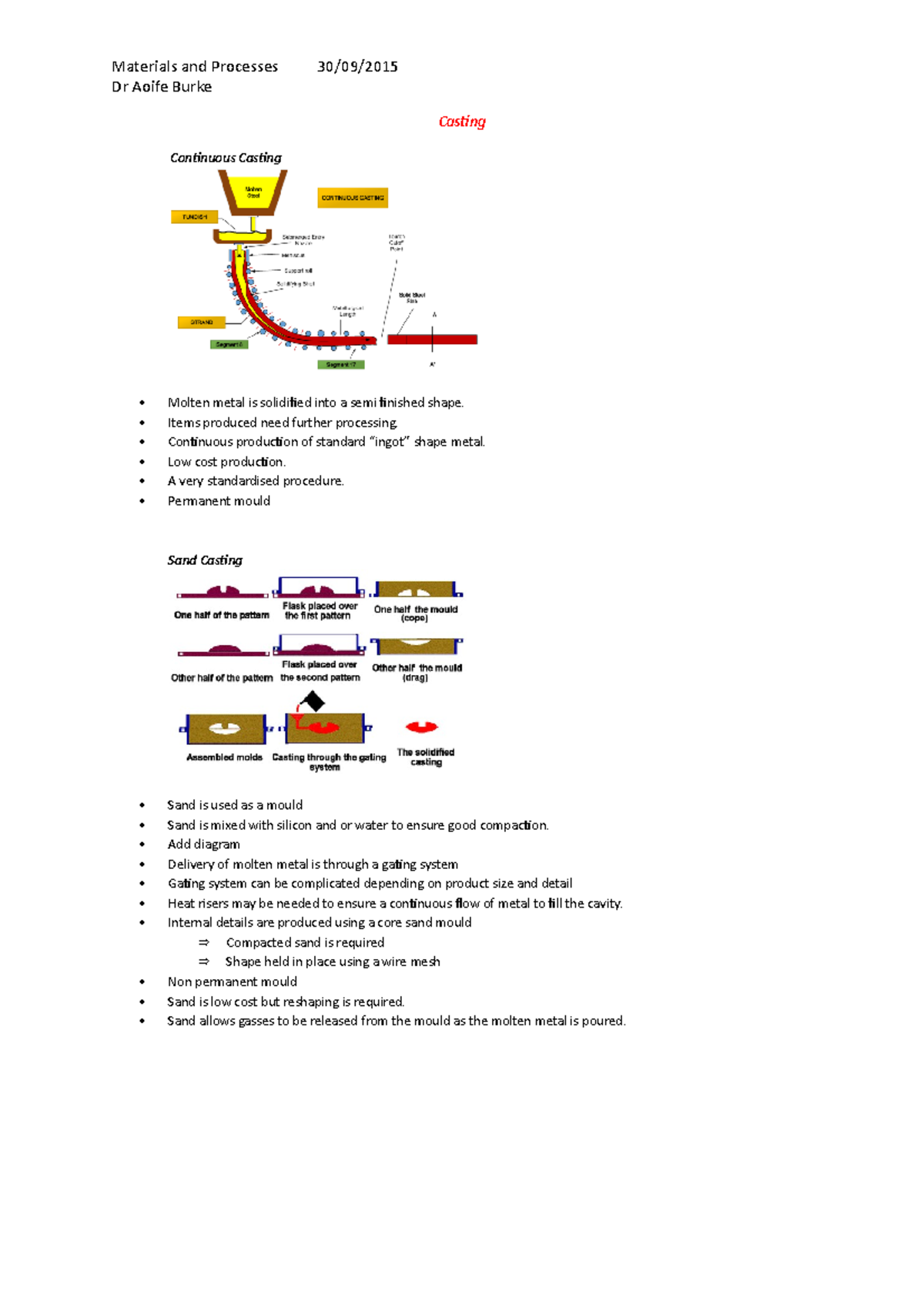 Casting Complete and Detailed Notes and formula from Dr Aoife Burke