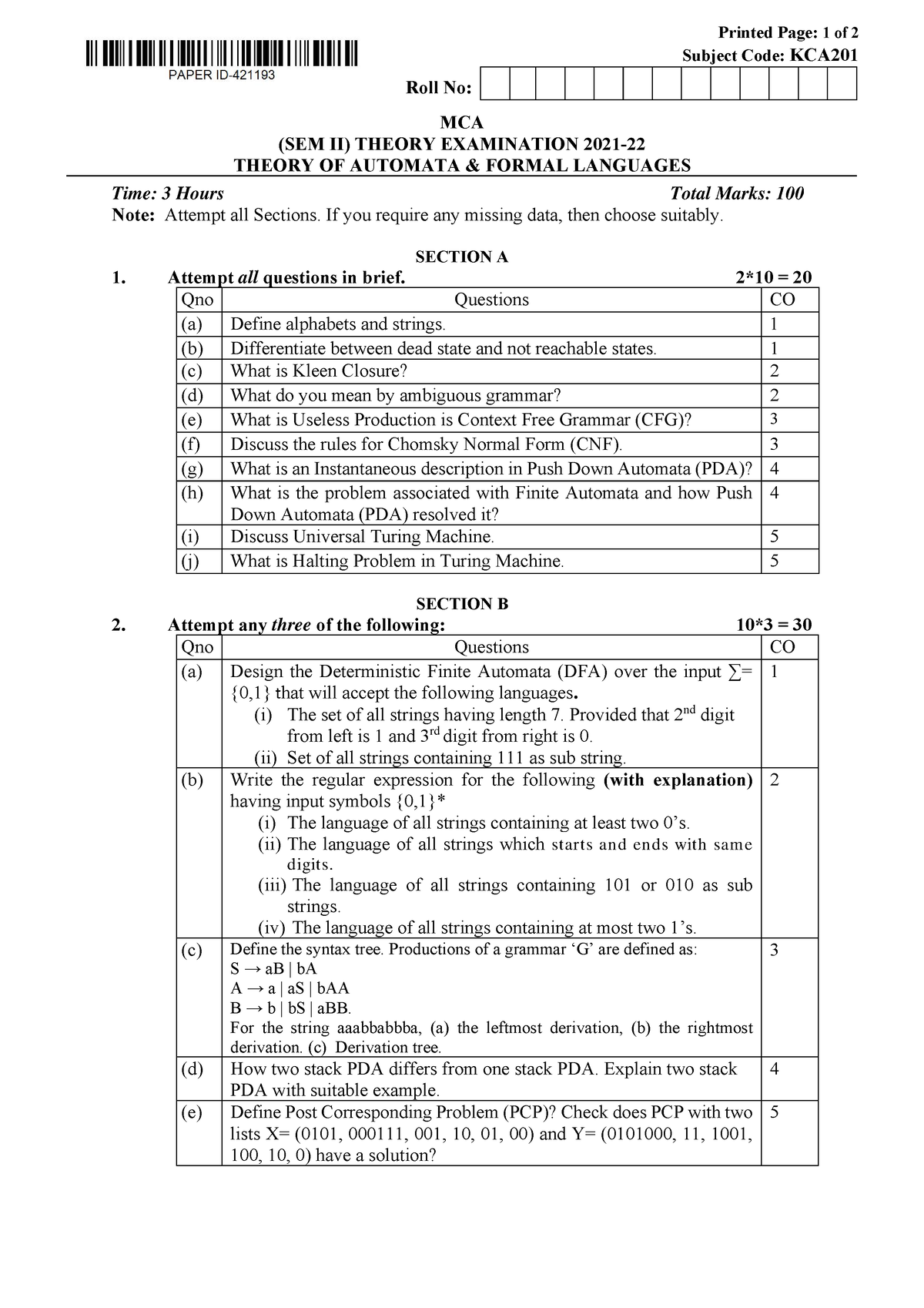 Mca 2 sem theory of automata and formal languages kca201 2022 - Printed ...