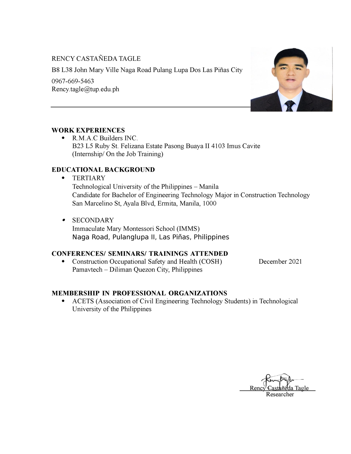 Researcher- Profile- Rency CastaÑeda Tagle B8 L38 John Mary Ville Naga 