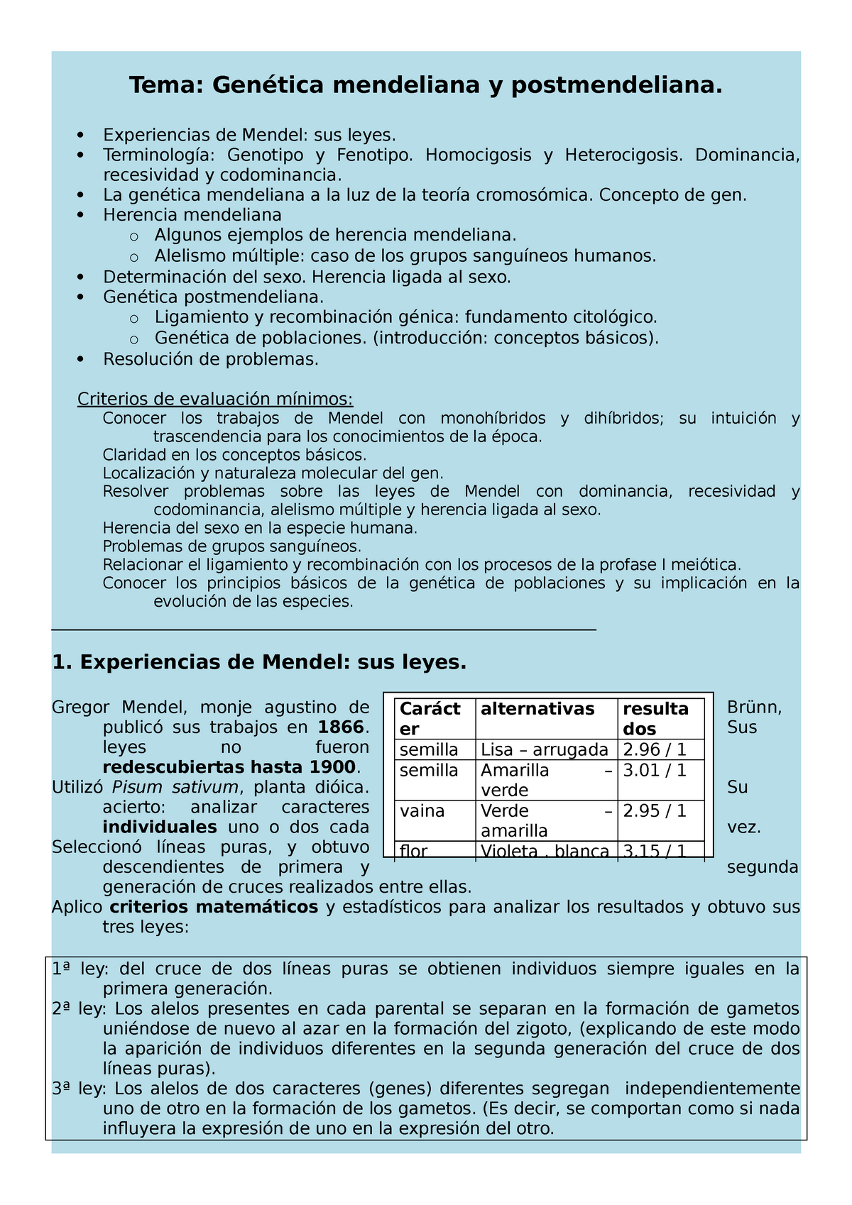 Lectura-de-genetica - EXPERIMENTOS DE MENDEL Y SU APLICACION A VIDA  COTIDIANA - Tema: Genética - Studocu