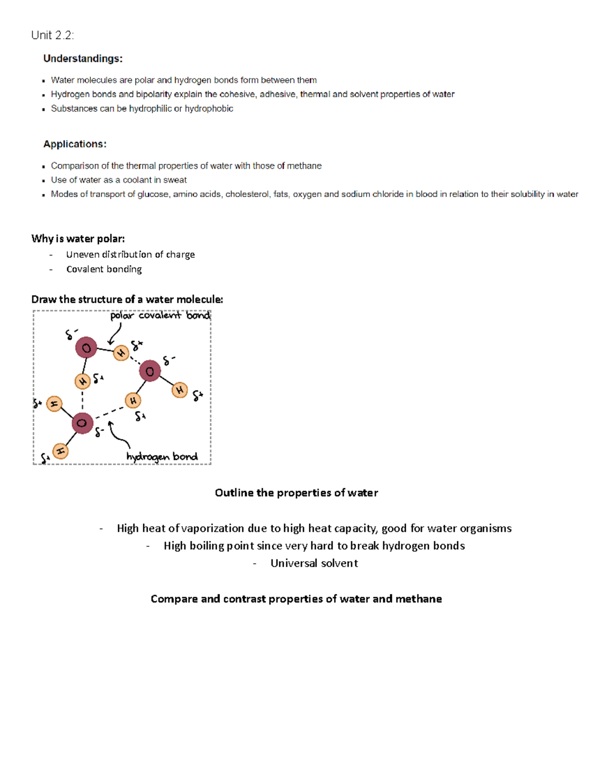 Bio review - Unit 2: Why is water polar: Uneven distribution of charge ...