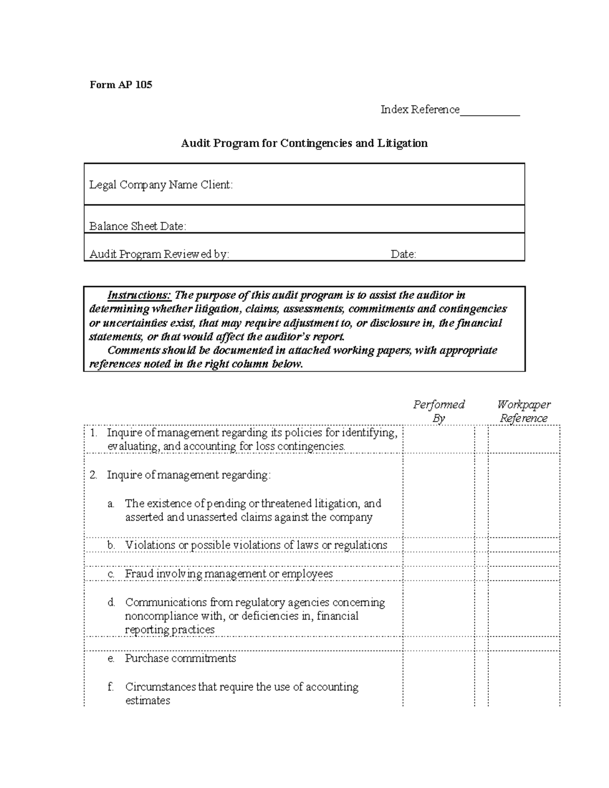 Audit Program for Contingencies and Litigation - Form AP 105 Index ...