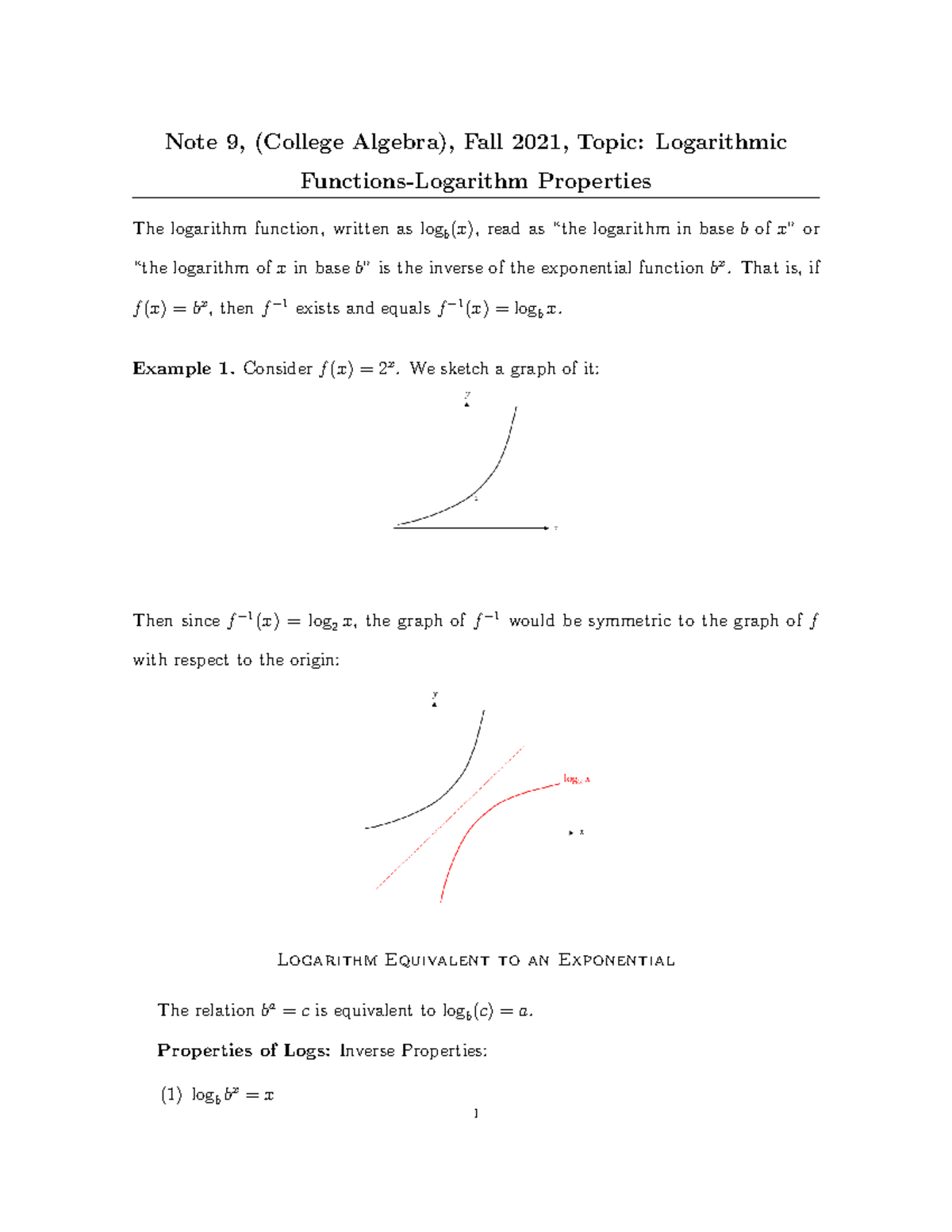 Note9 Logarithmic FunctionsLogarithm Properties Note 9, (College