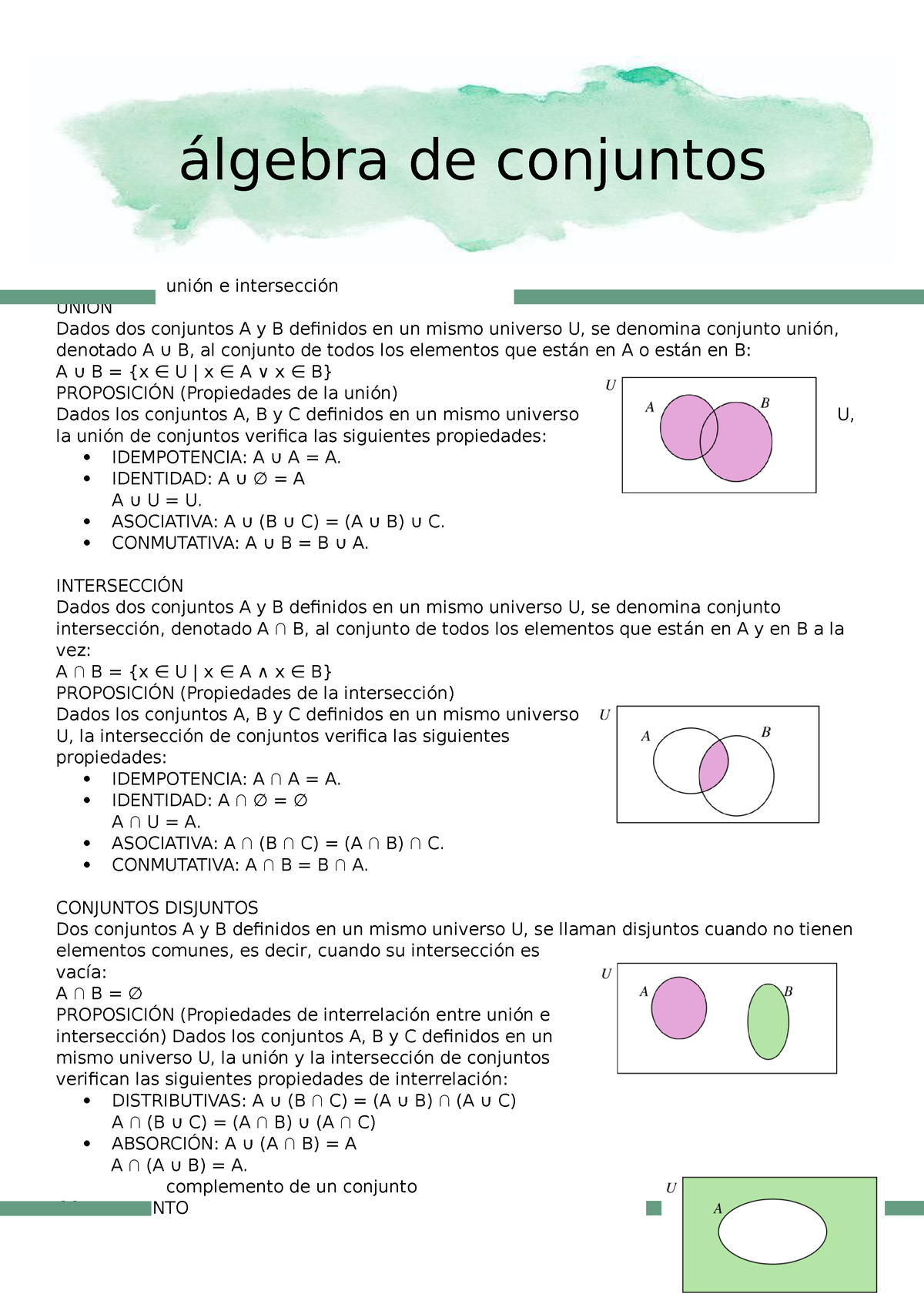 Algebra De Conjuntos - Apuntes - Unión E Intersección UNIÓN Dados Dos ...