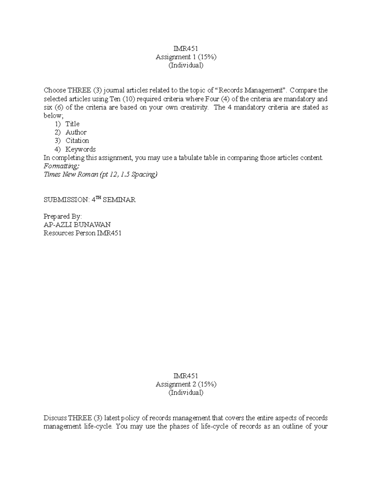 IMR451 Assessment Sem Oct-Feb 2021 - IMR Assignment 1 (15%) (Individual ...