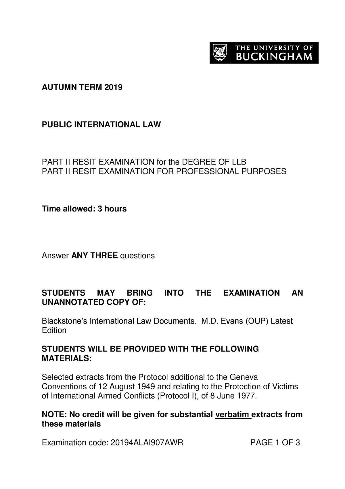 Autumn 2019 Past Paper - Law - AUTUMN TERM 2019 PUBLIC INTERNATIONAL ...