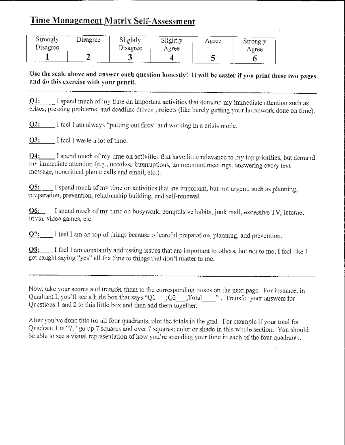 Time Matrix Assessment Time Management Matrix Self Assessment