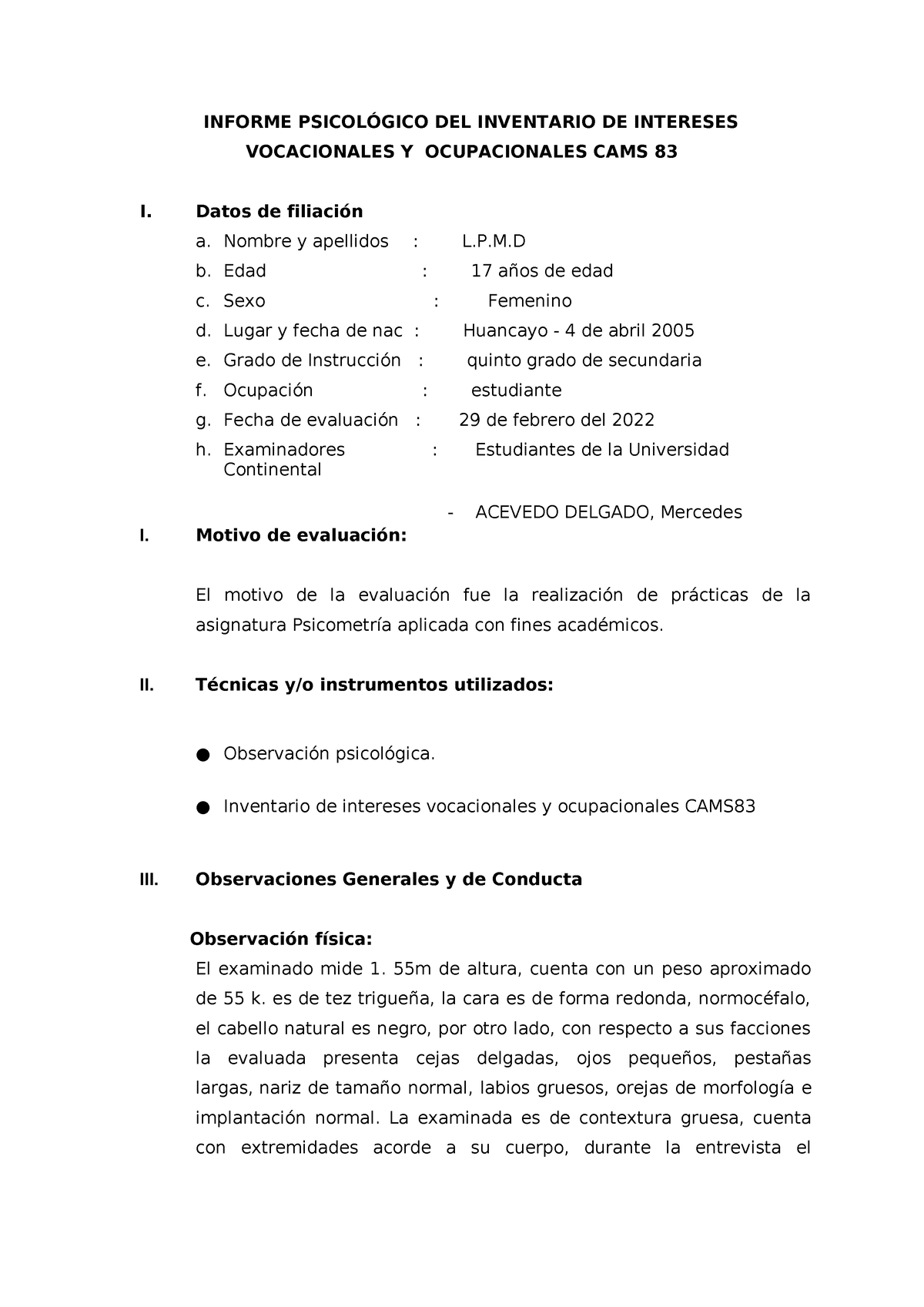 Informe Cams 83 Informe PsicolÓgico Del Inventario De Intereses Vocacionales Y Ocupacionales 8863