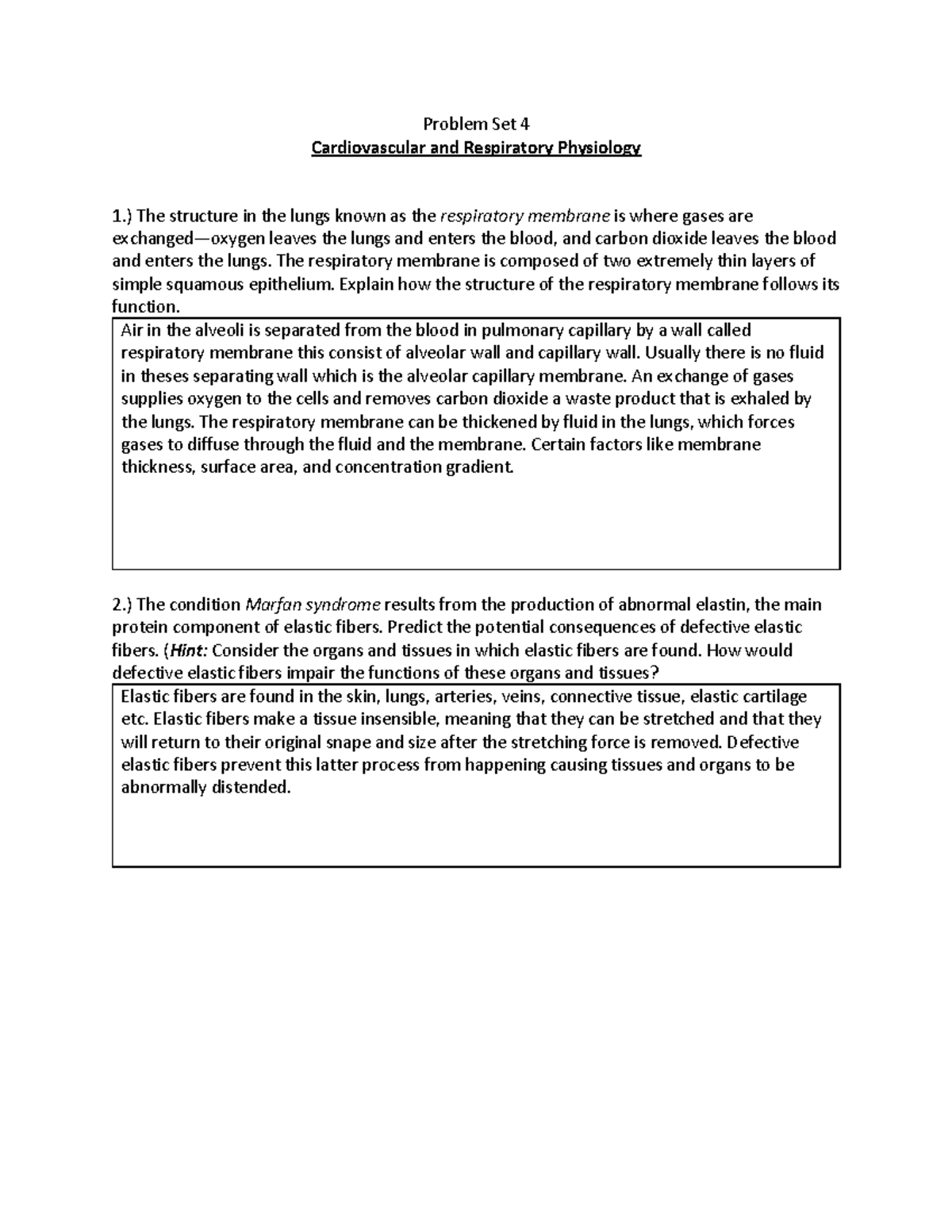 Problem Set 4 - Respiratory Physiology - Problem Set 4 Cardiovascular ...