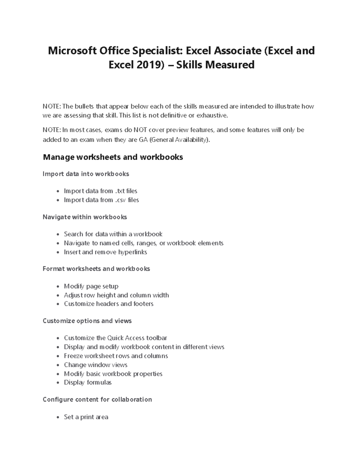 Microsoft Office Specialist Excel Associate 2019 Skills Measured ...