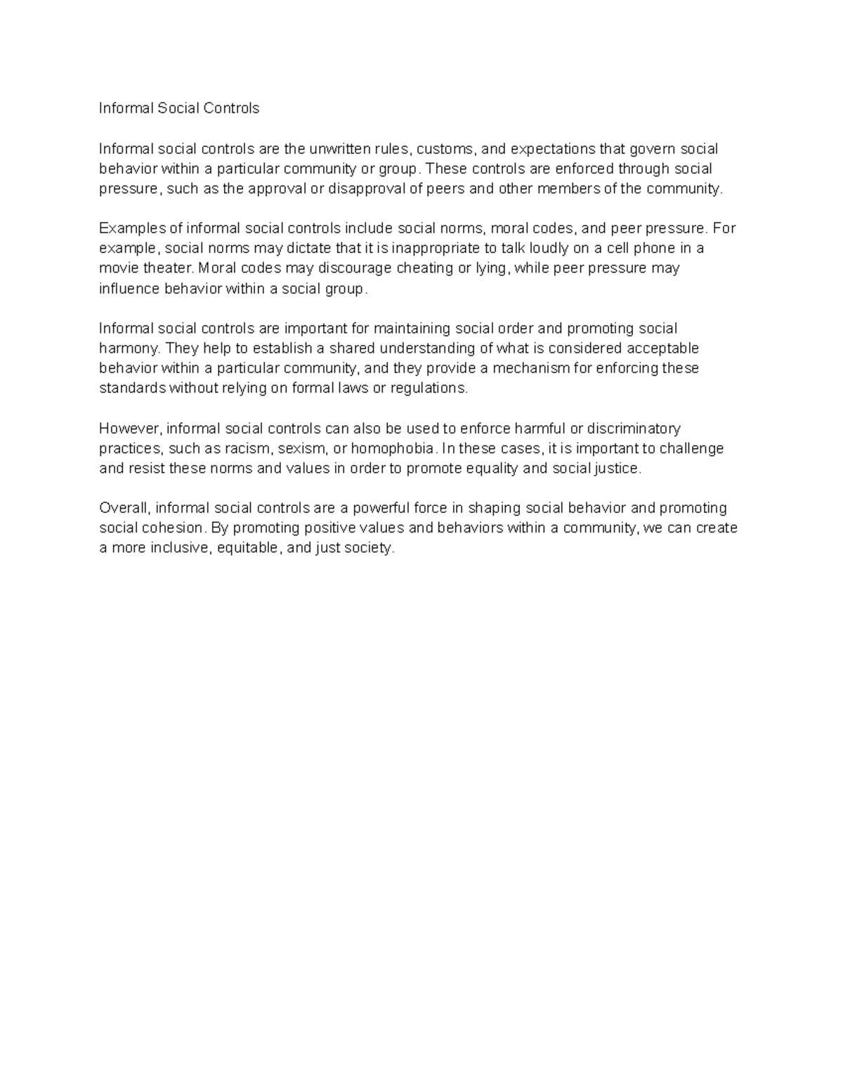 Informal Social Controls - Informal Social Controls Informal social ...