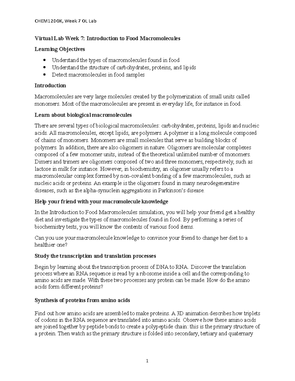 Week 7 LabIntroduction to Food Macromolecules and Protein Synthesis