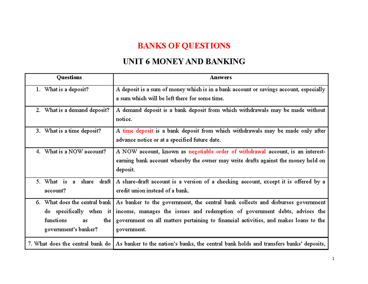 Banks OF Questions tacn1 BANKS OF QUESTIONS UNIT 6 MONEY AND