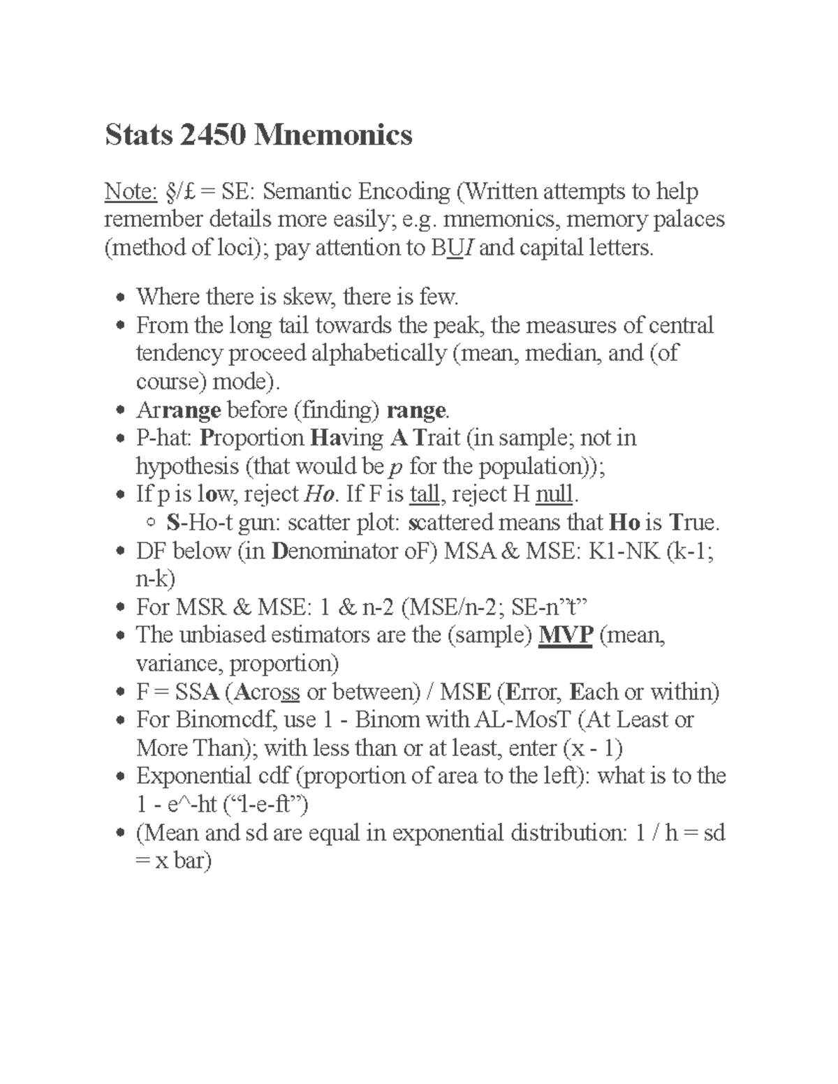 Stats 2450 Mnemonics - Stats 2450 Mnemonics Note: §/£ = SE: Semantic ...