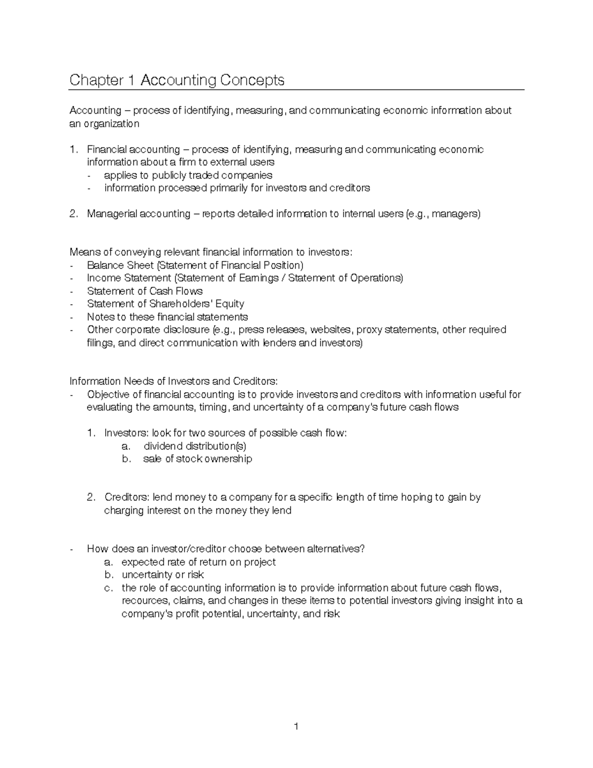 Chapter 1 - Chapter 1 Accounting Concepts Accounting – process of ...