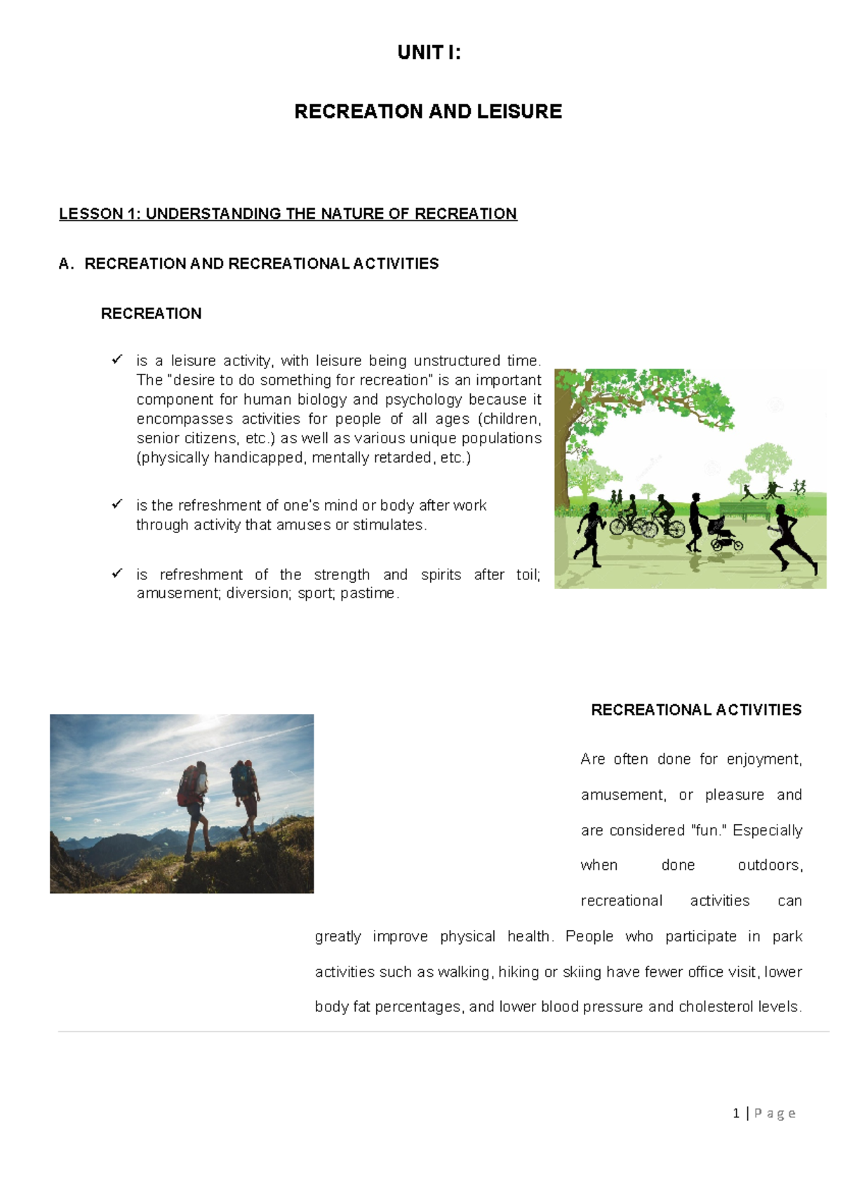 RECREATION AND LEISURE UNIT I RECREATION AND LEISURE LESSON 1