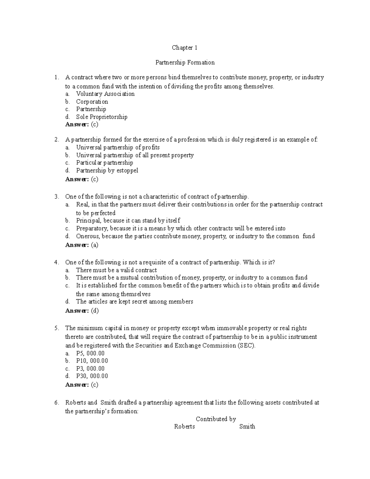 Advanced Accounting 1 - Chapter 1 Partnership Formation A contract ...