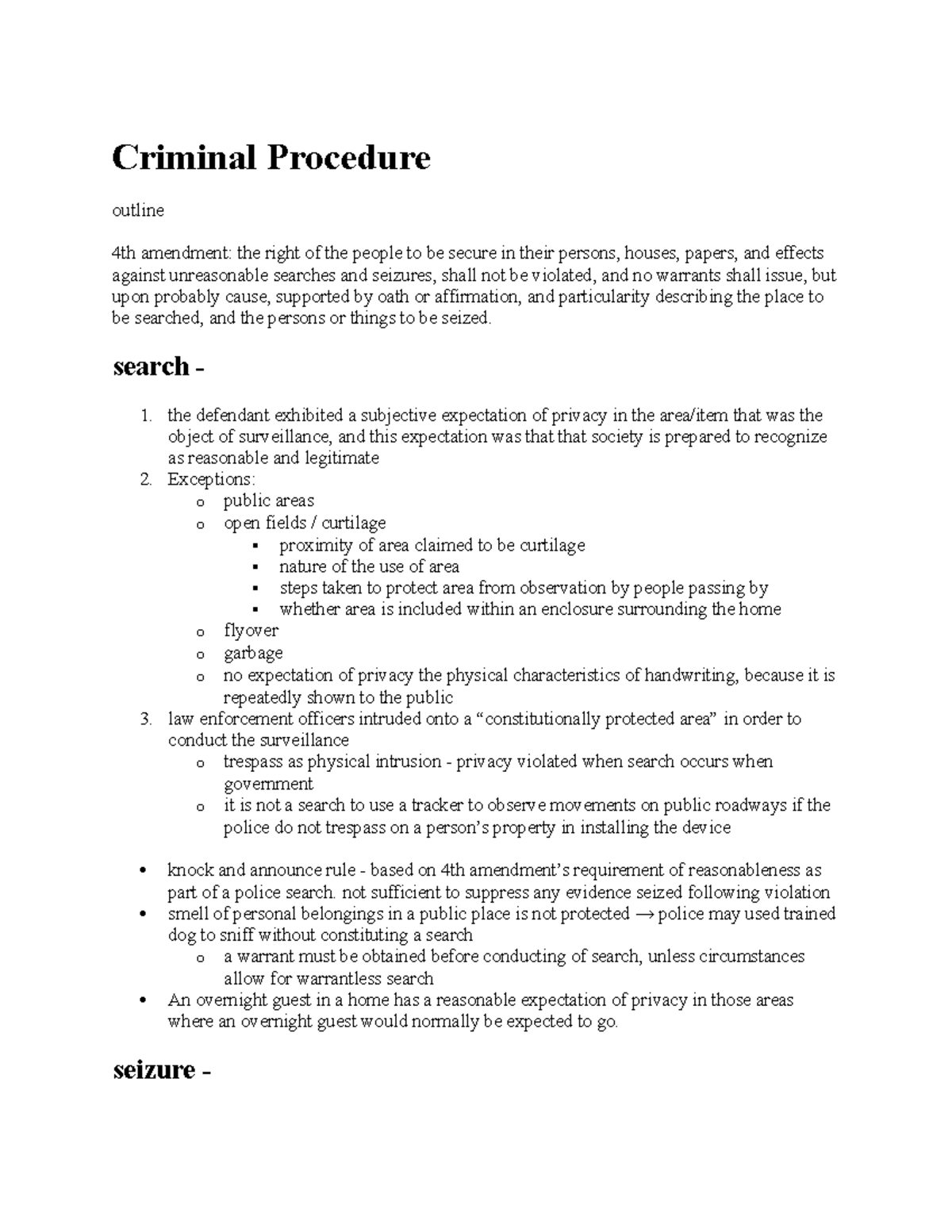 Criminal Procedure 4th amendment 5th amendment 6th amendment search