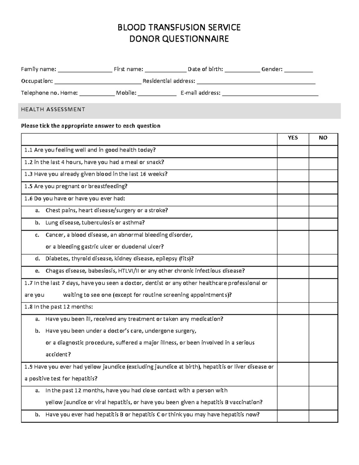 Questionnaire - BLOOD TRANSFUSION SERVICE DONOR QUESTIONNAIRE Family ...