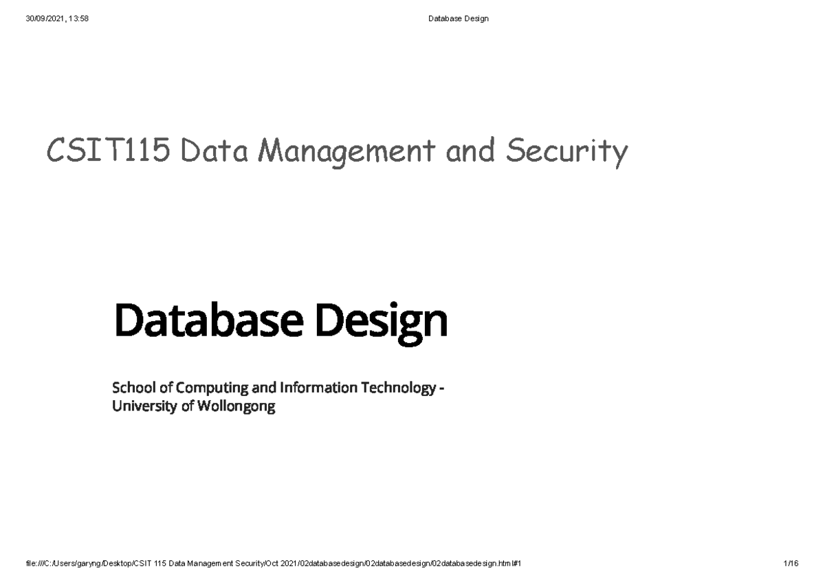 2 Database Design - lecture notes - CSIT115 Data Management and ...