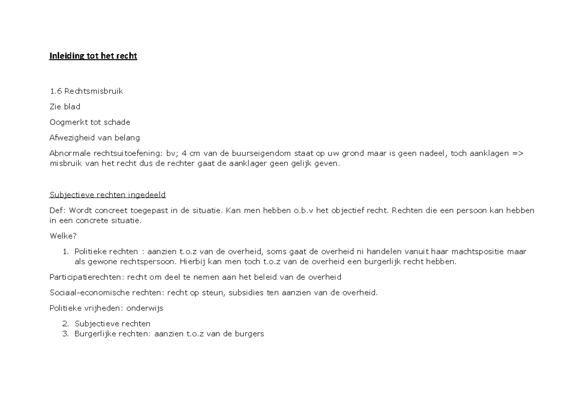 Inleiding tot het recht - Subjectieve rechten ingedeeld Def: Wordt