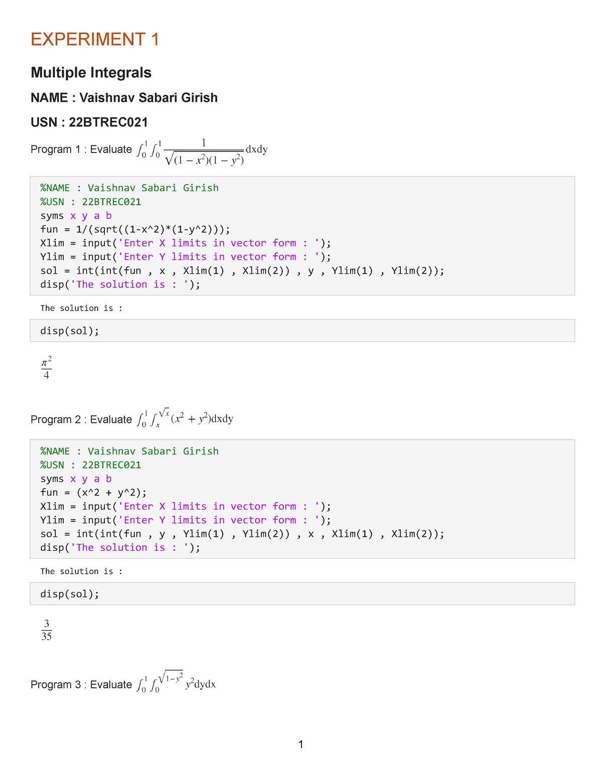 Experiment 1 - Python - EXPERIMENT 1 Multiple Integrals NAME : Vaishnav ...