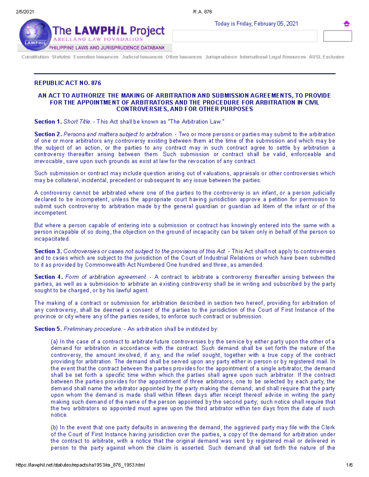R.A. 876 - Law and Jurisprudence for students studying law ...
