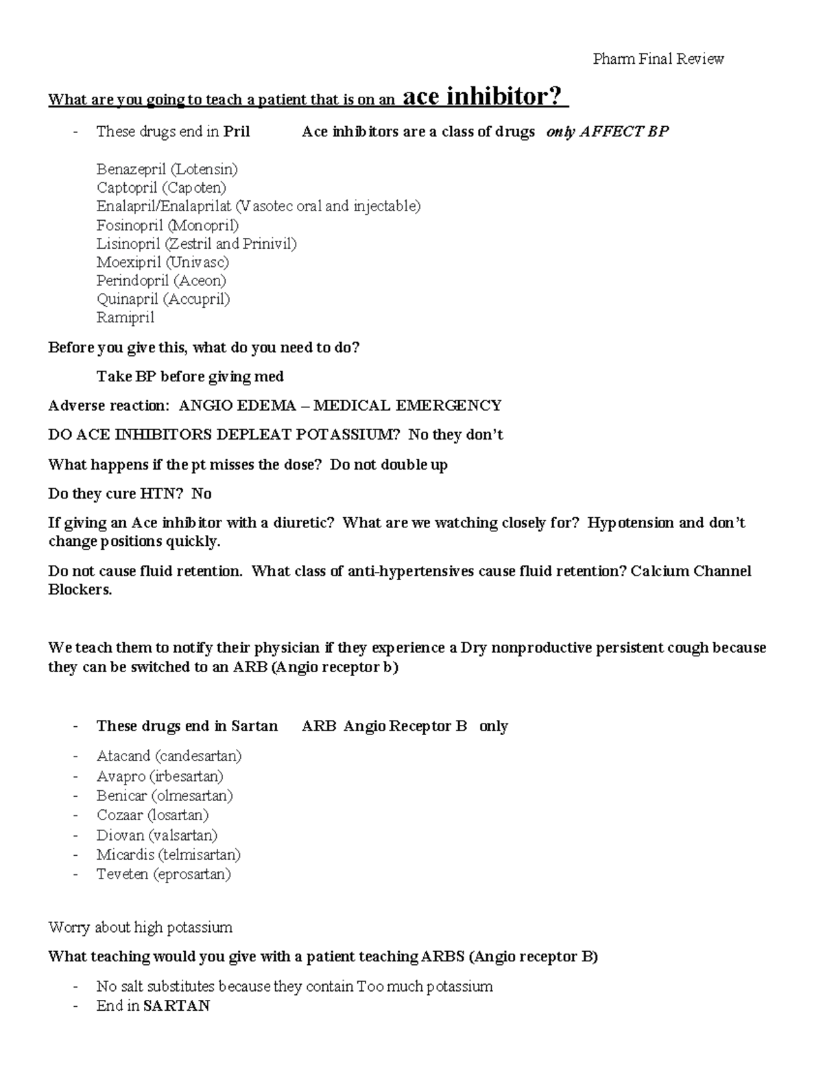 Pharm Final Exam study guide Joan - Pharm Final Review What are you ...