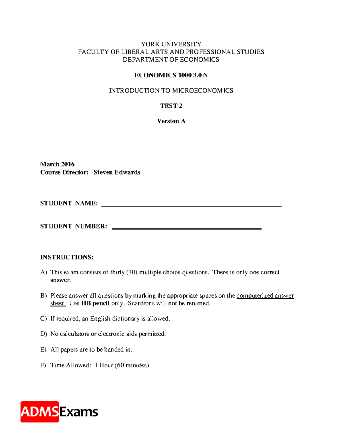ECON TEST 2 C - Mc questions - YORK UNIVERSITY FACULTY OF LIBERAL ARTS ...
