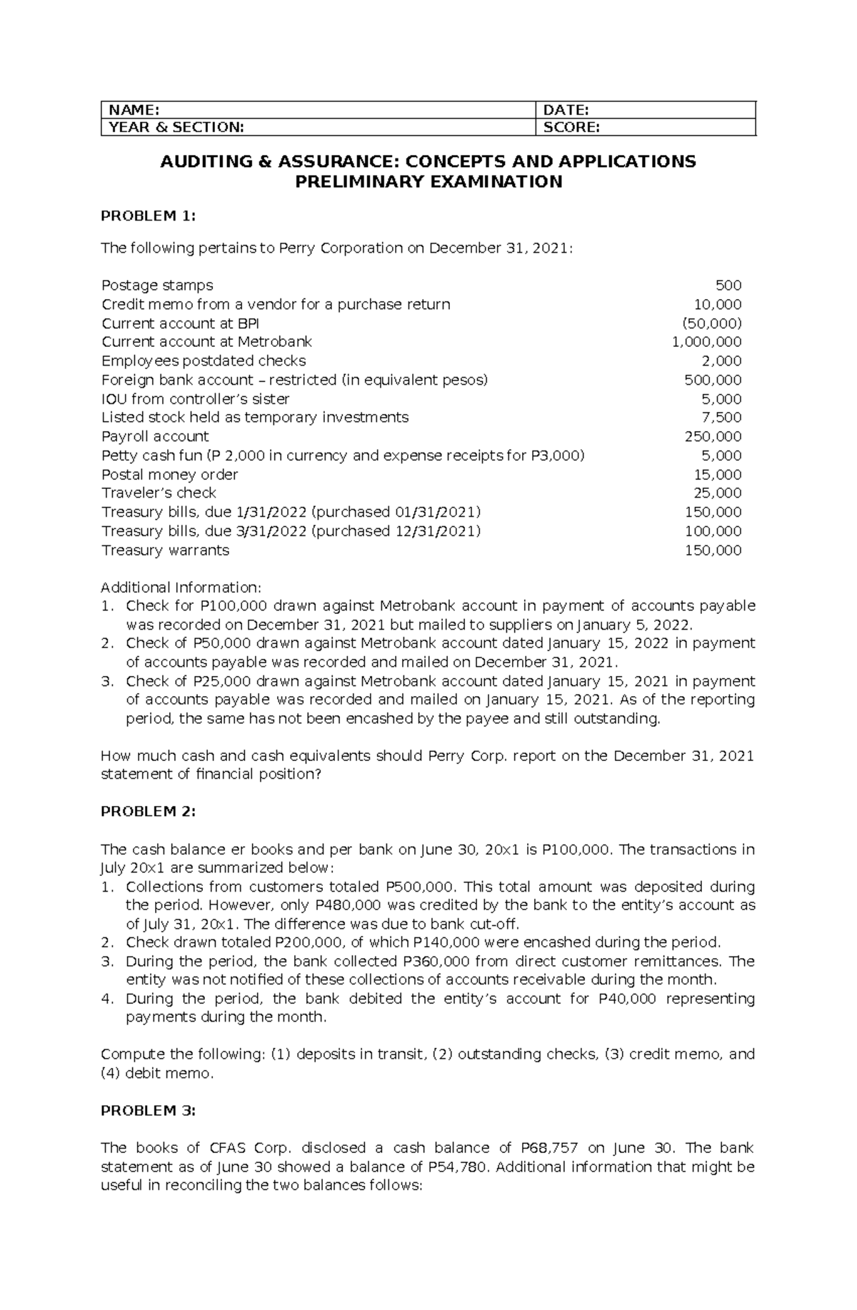 Prelim - NAME: DATE: YEAR & SECTION: SCORE: AUDITING & ASSURANCE ...