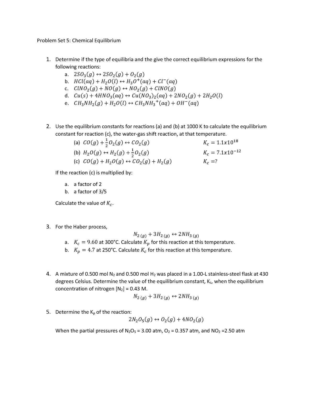 Problem Set 5 Chemical Equilibrium - Problem Set 5: Chemical ...