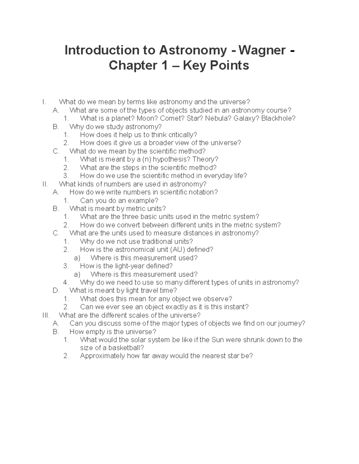 Key Points Chapter 1 Summary Introduction to Astronomy Wagner