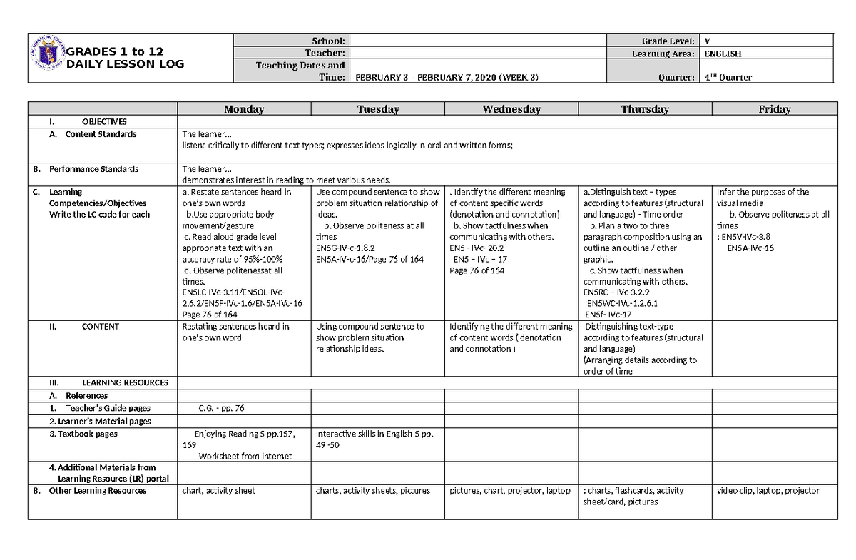 Grade 5 Dll English 5 Q4 Week 3 Grades 1 To 12 Daily Lesson Log School Grade Level V Teacher 6702