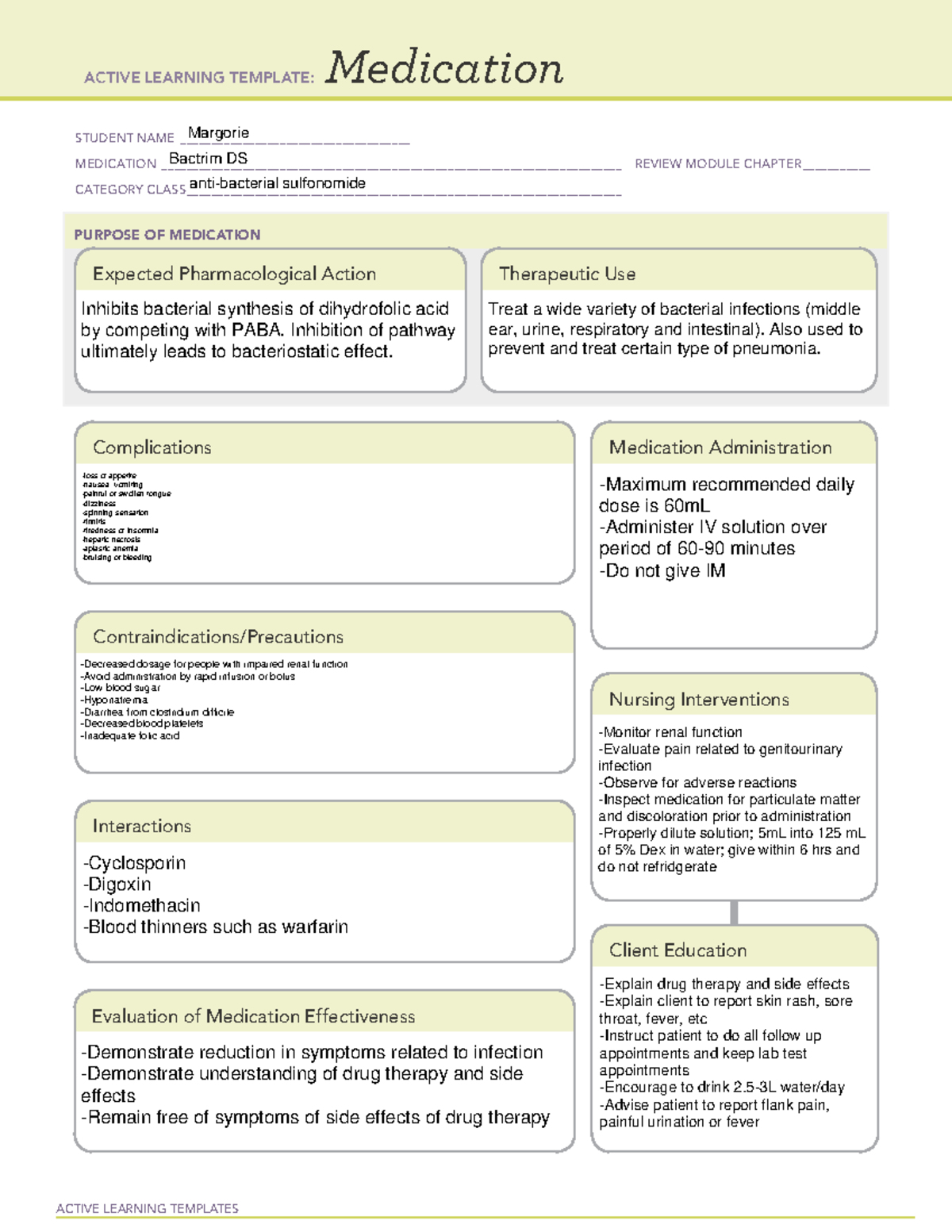 ATI Medication Template Bactrim DS ACTIVE LEARNING TEMPLATES Medication STUDENT NAME Studocu