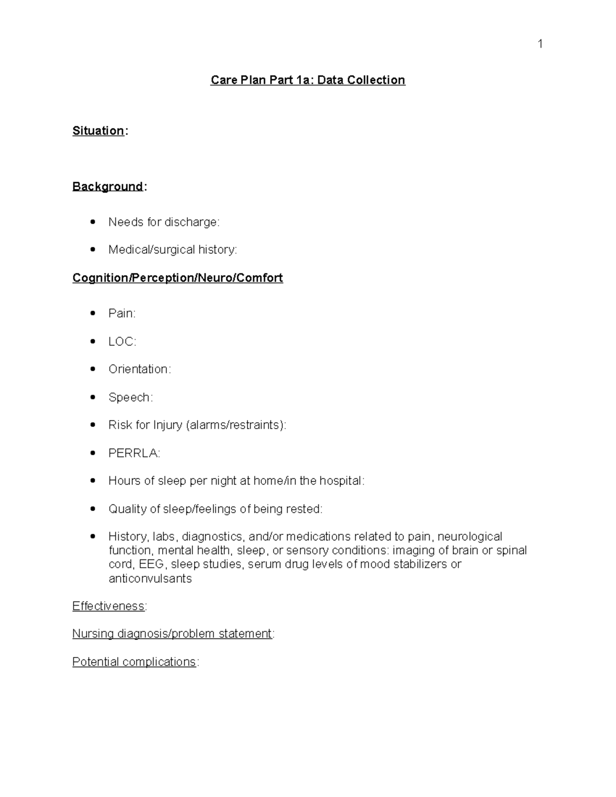 Nursing 208 Care Plan Template Part 1 Care Plan Part 1a Data
