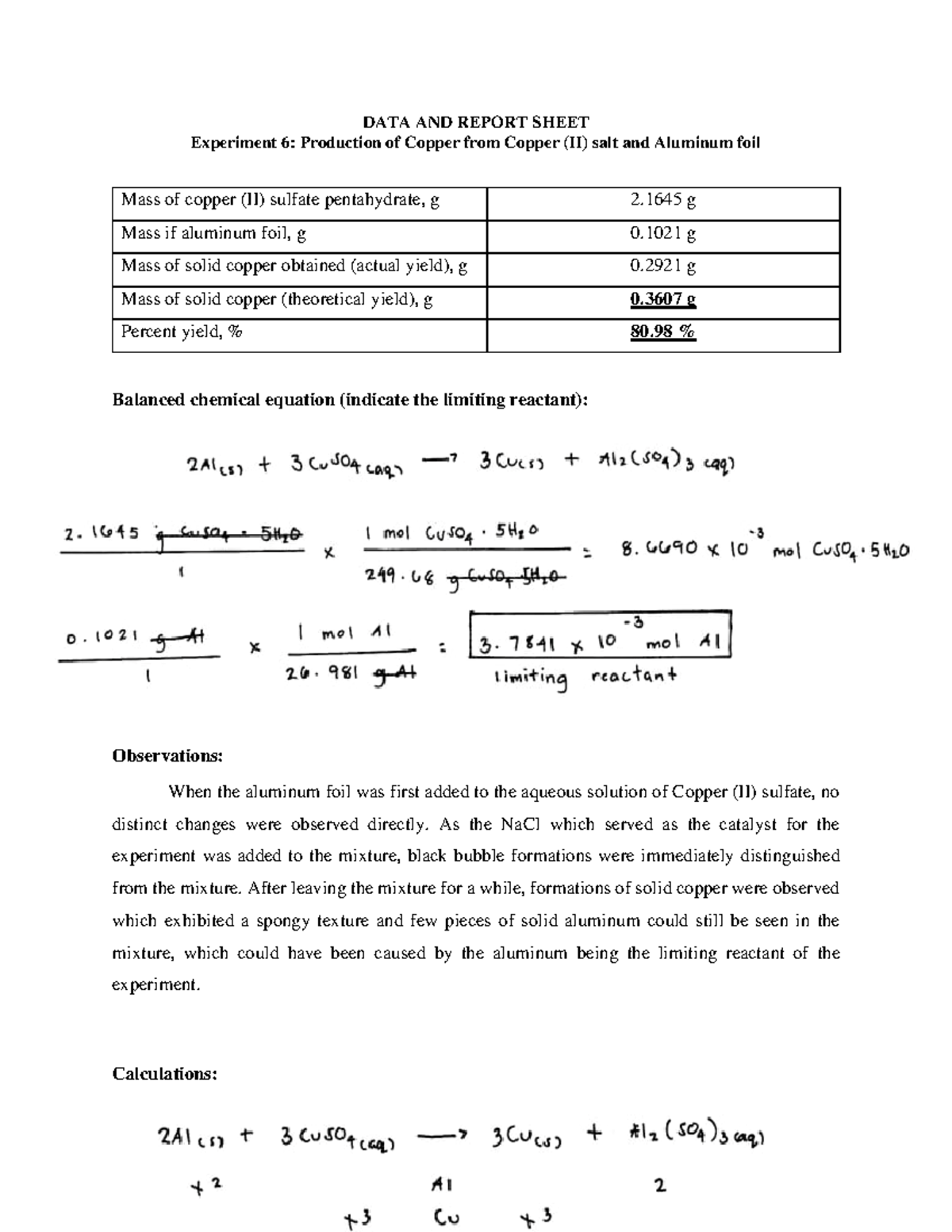 Experiment 6 Section 3 - Lab Report - DATA AND REPORT SHEET Experiment ...