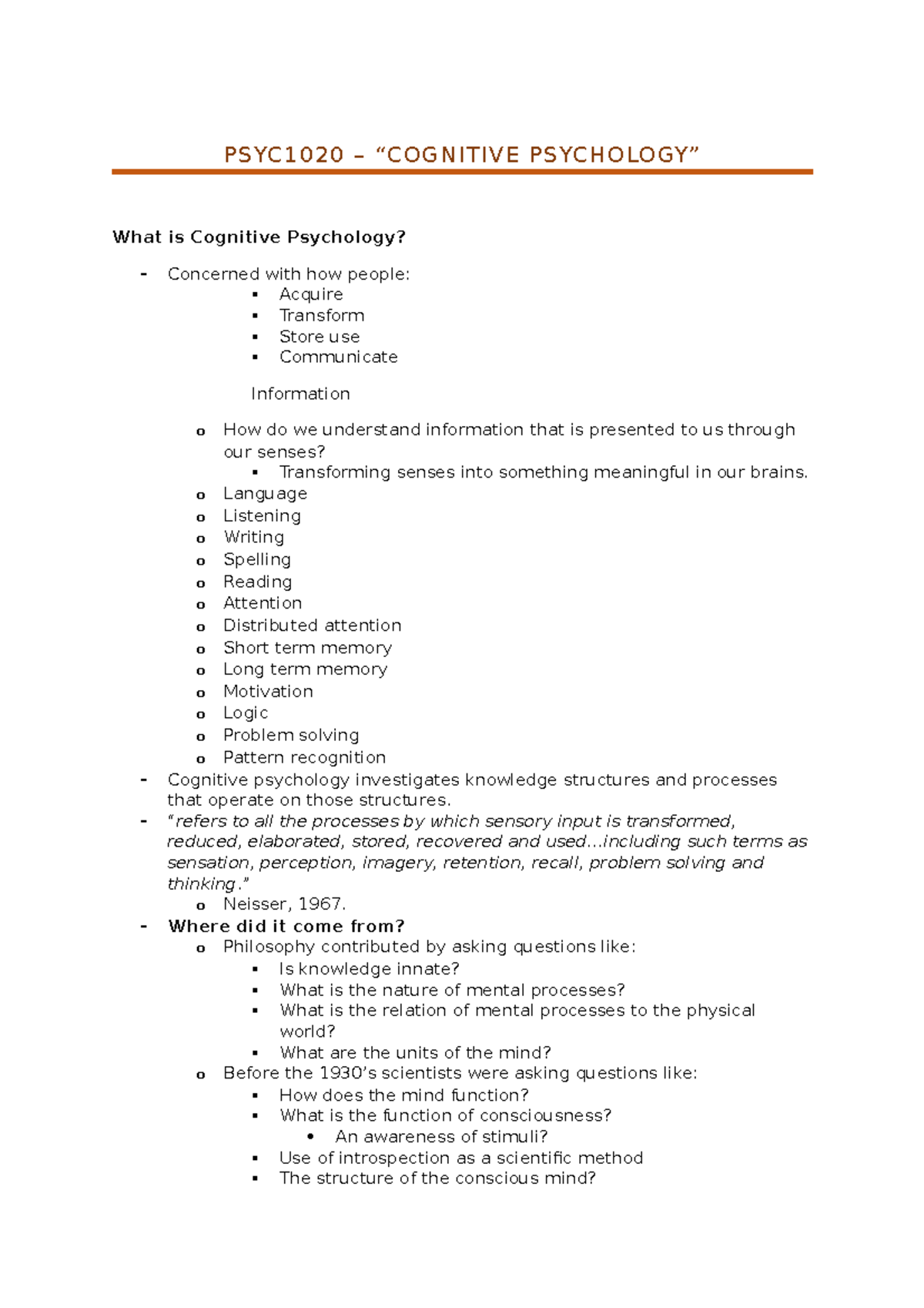 PSYCHOLOGY INTRO 2 - Week 10 Lecture Notes - PSYC1020 – “COGNITIVE ...