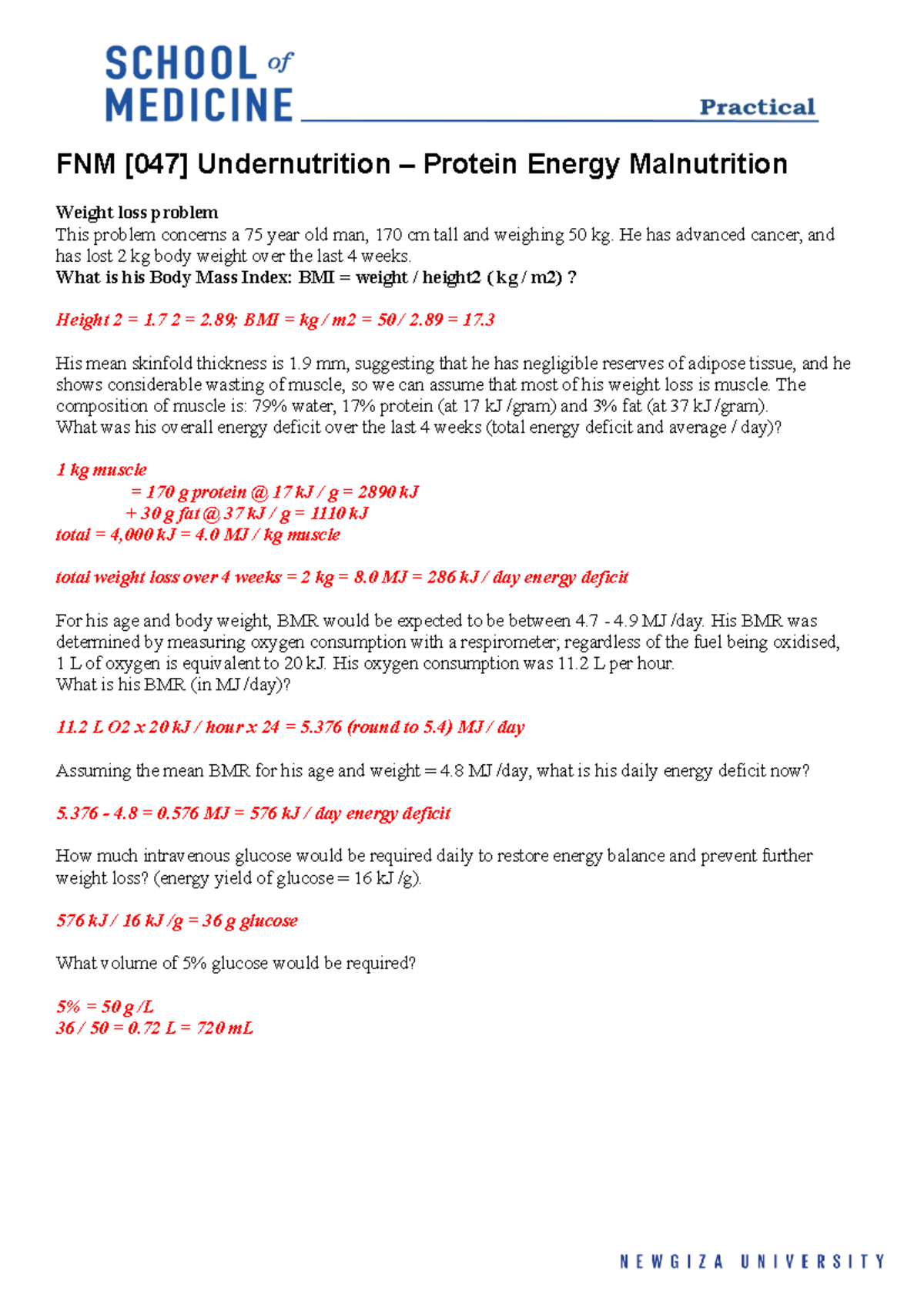 FNM [047] protein energy malnutrition. Undernutrition PEM Answers