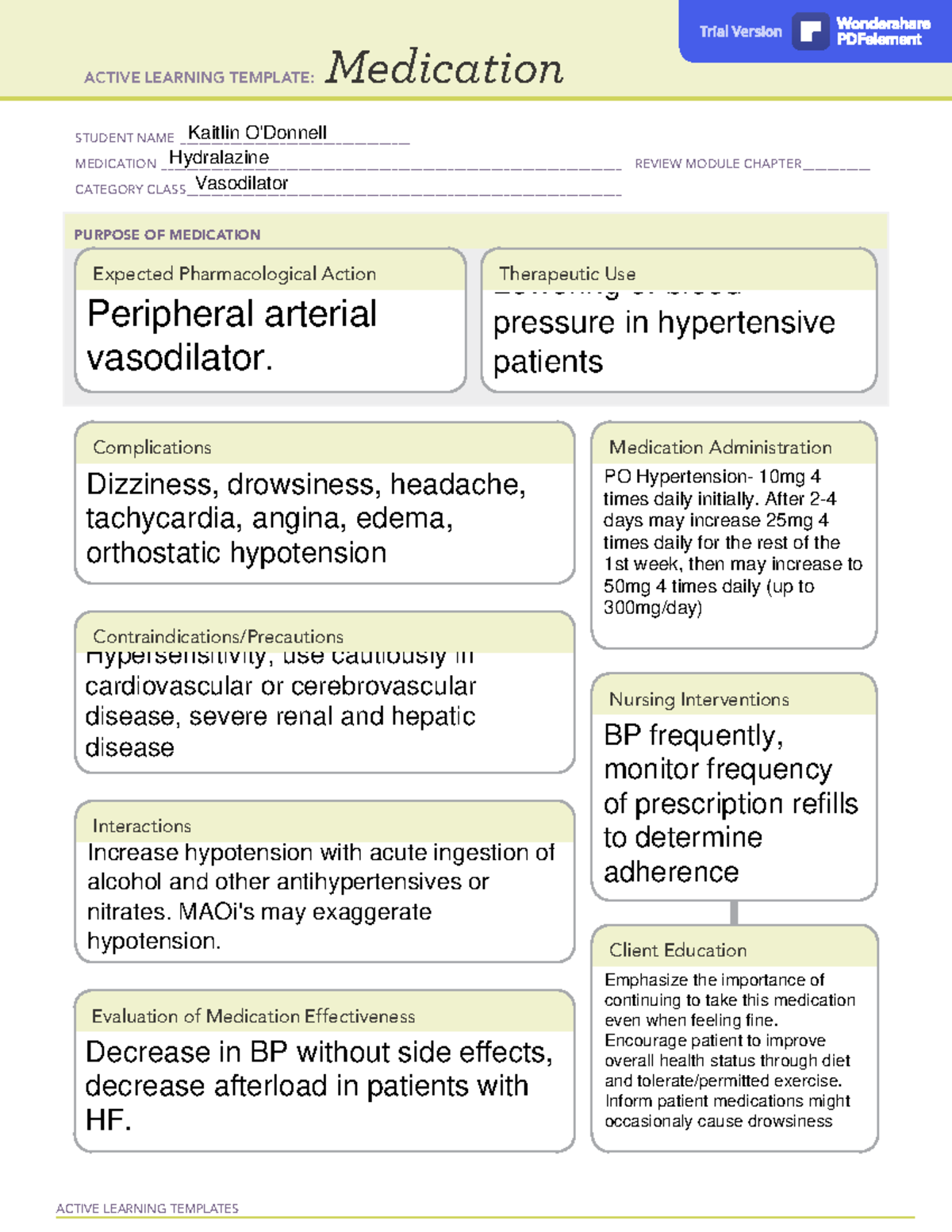 Hydralazine drug card ACTIVE LEARNING TEMPLATES Medication STUDENT NAME Studocu