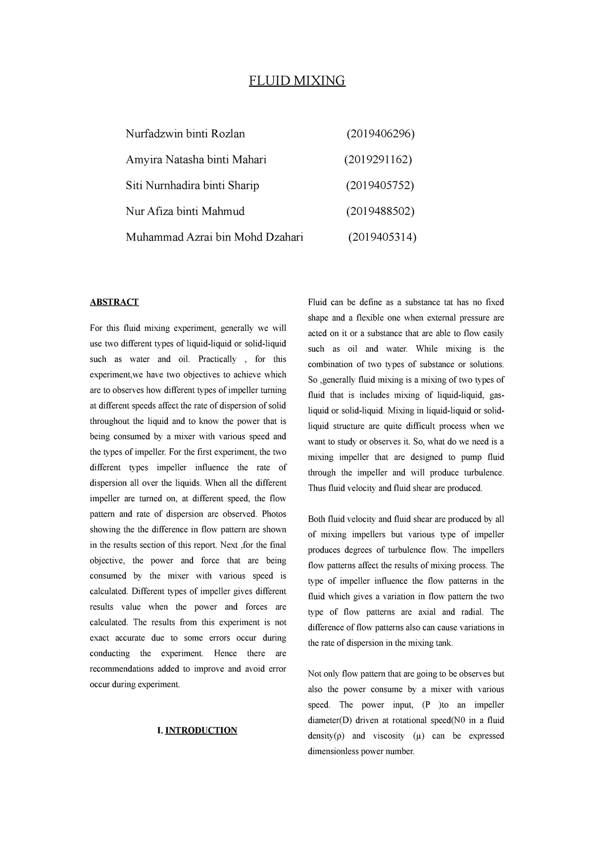 fluid mixing experiment lab report