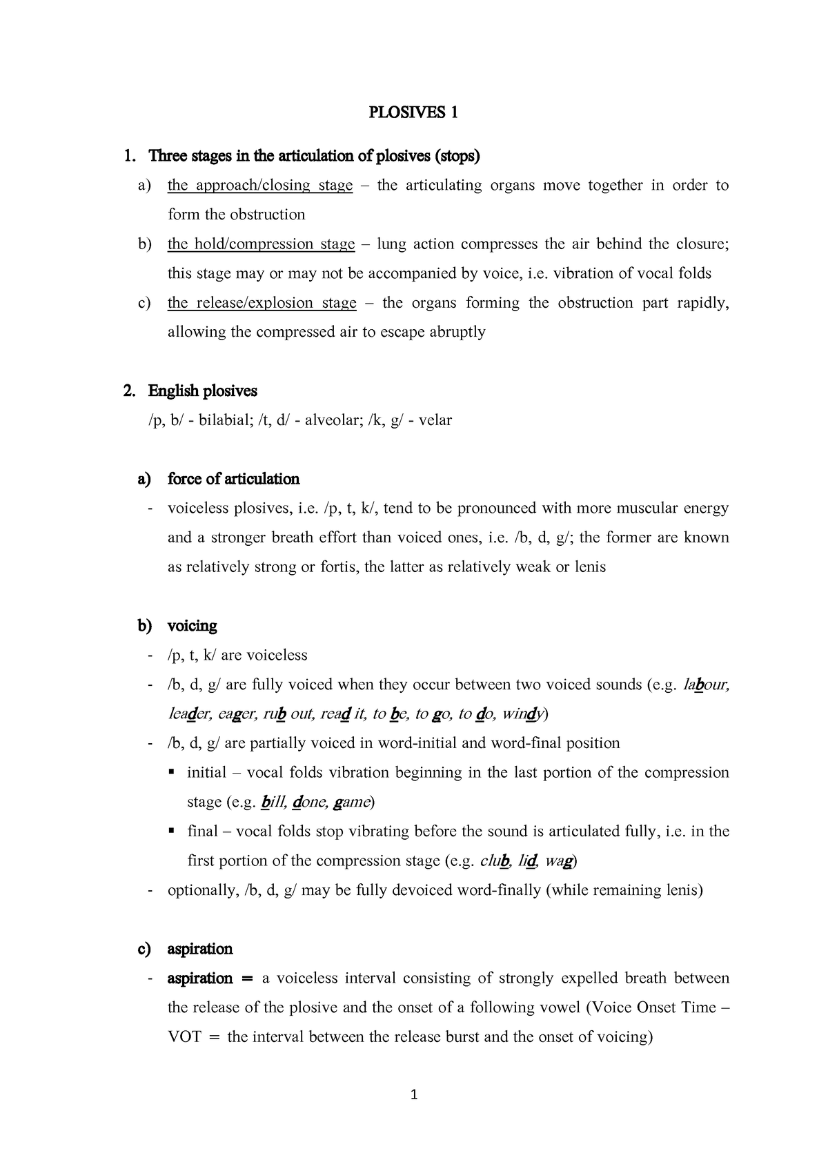 3 - fonetyka - 1 PLOSIVES 1 Three stages in the articulation of ...