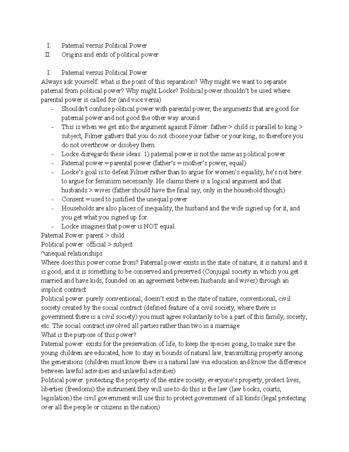 Locke Chapter 6-8 - I. Paternal versus Political Power II. Origins and ...